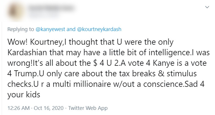 Kourtney Kardashian é criticada após manifestar seu apoio a Kanye West em campanha presidencial de 2020 (Foto: Reprodução / Twitter)