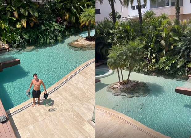 Rodrigo Faro limpa piscina de mansão (Foto: Reprodução Instagram)