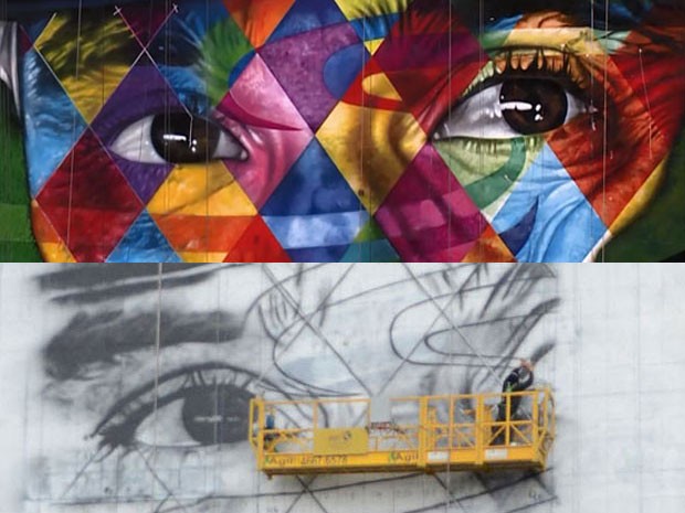 Desenho dos olhos de Ayrton Senna antes de ficar pronto e depois de Kobra terminar o mural (Foto: Monagem sobre foto de J. Duran Machfee/Estadão Conteúdo e Wagner Santos/G1)