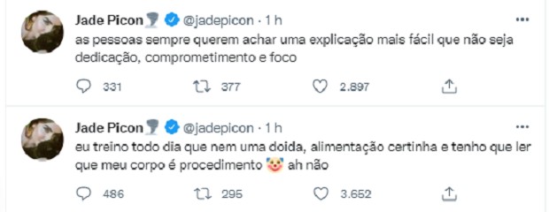 Jade Picon desabafa no Twitter sobre boatos de procedimentos (Foto: Reprodução/Twitter)