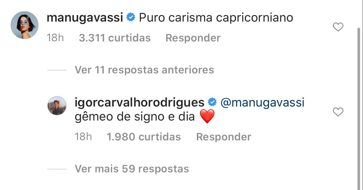 Manu Gavassi comenta em foto de Igor Carvalho (Foto: Reprodução/Instagram )