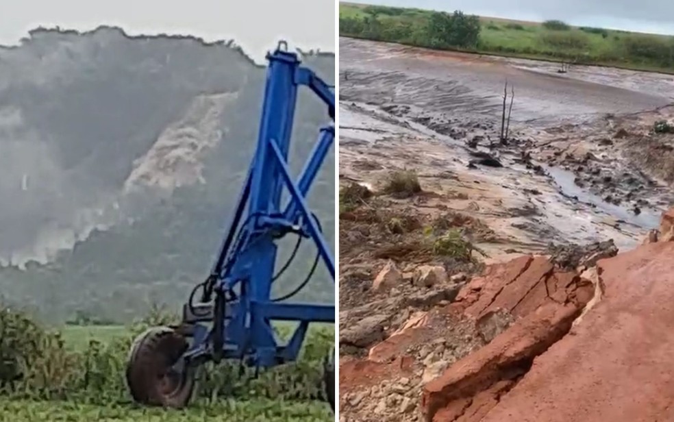 Barragem se rompe, forma cachoeira de lama, arrasta pontes e assusta moradores em Rio Verde, Goiás — Foto: Reprodução/TV Anhanguera