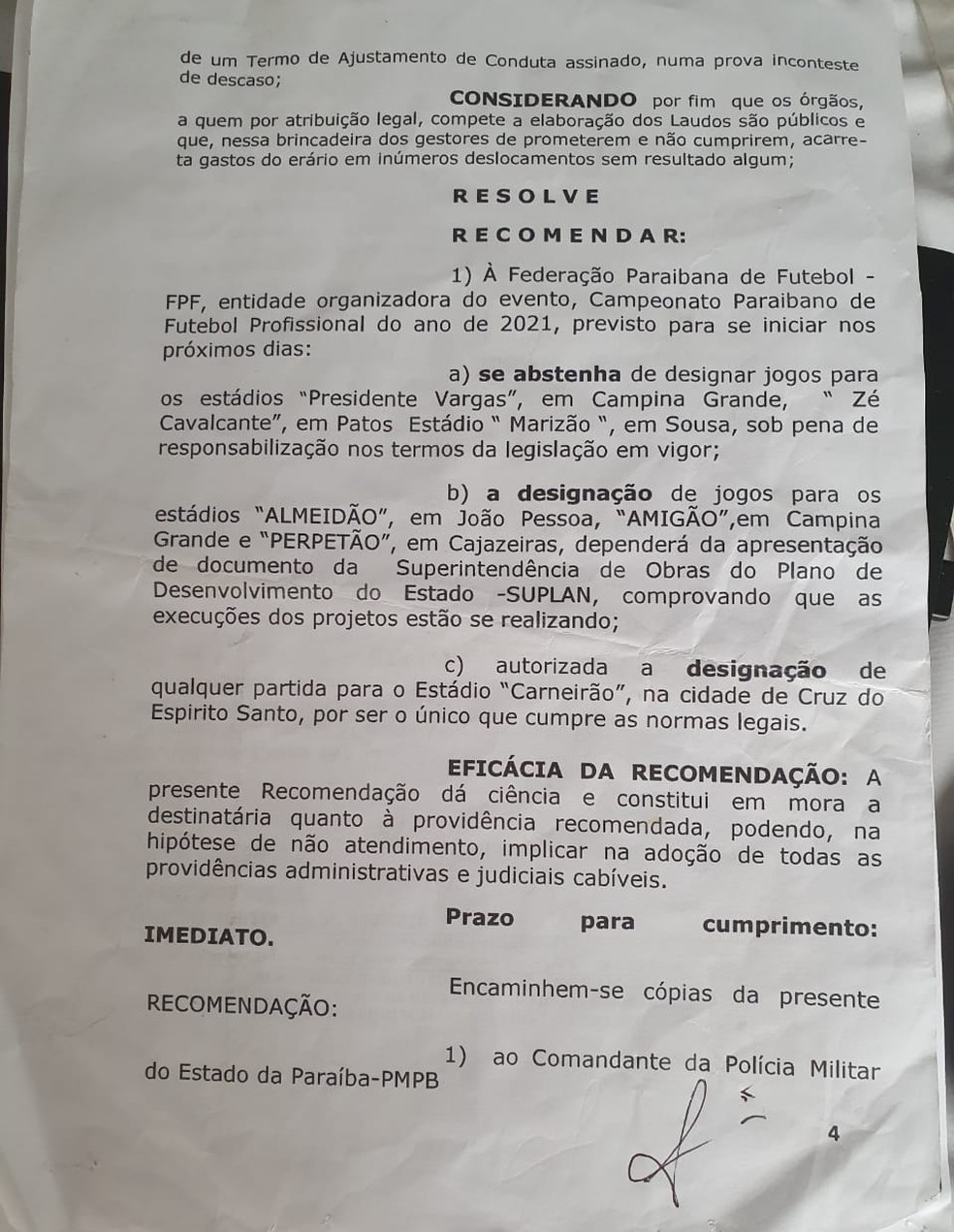 Recomendação do Ministério Público da Paraíba, à FPF, sobre os estádios a serem utilizados no Campeonato Paraibano — Foto: Reprodução / MP-PB