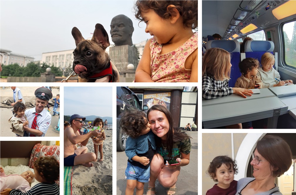 Olívia distribuindo amor para pessoas (e cachorro) desconhecidos em várias cidades da Rússia. — Foto: Arquivo pessoal/Gabriela Antunes