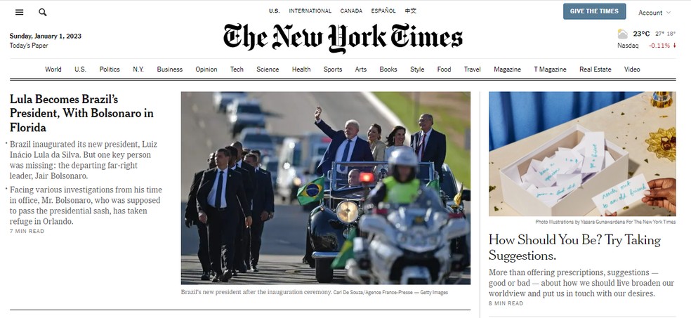 O jornal 'The New York Times' destacou a posse de Lula em seu site — Foto: Reprodução