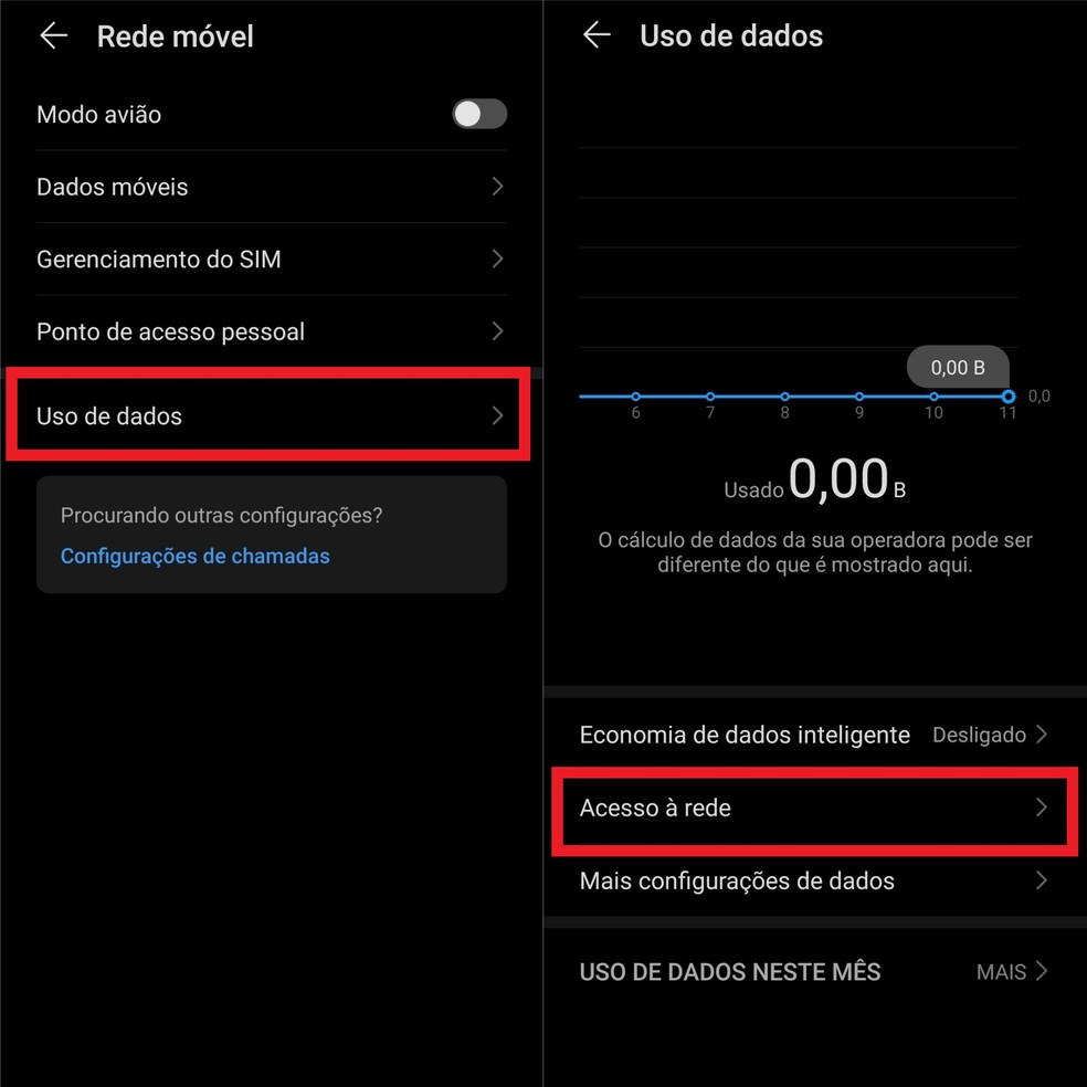 Em "Uso de dados" toque sobre "Acesso à rede" para prosseguir — Foto: Reprodução/TechTudo