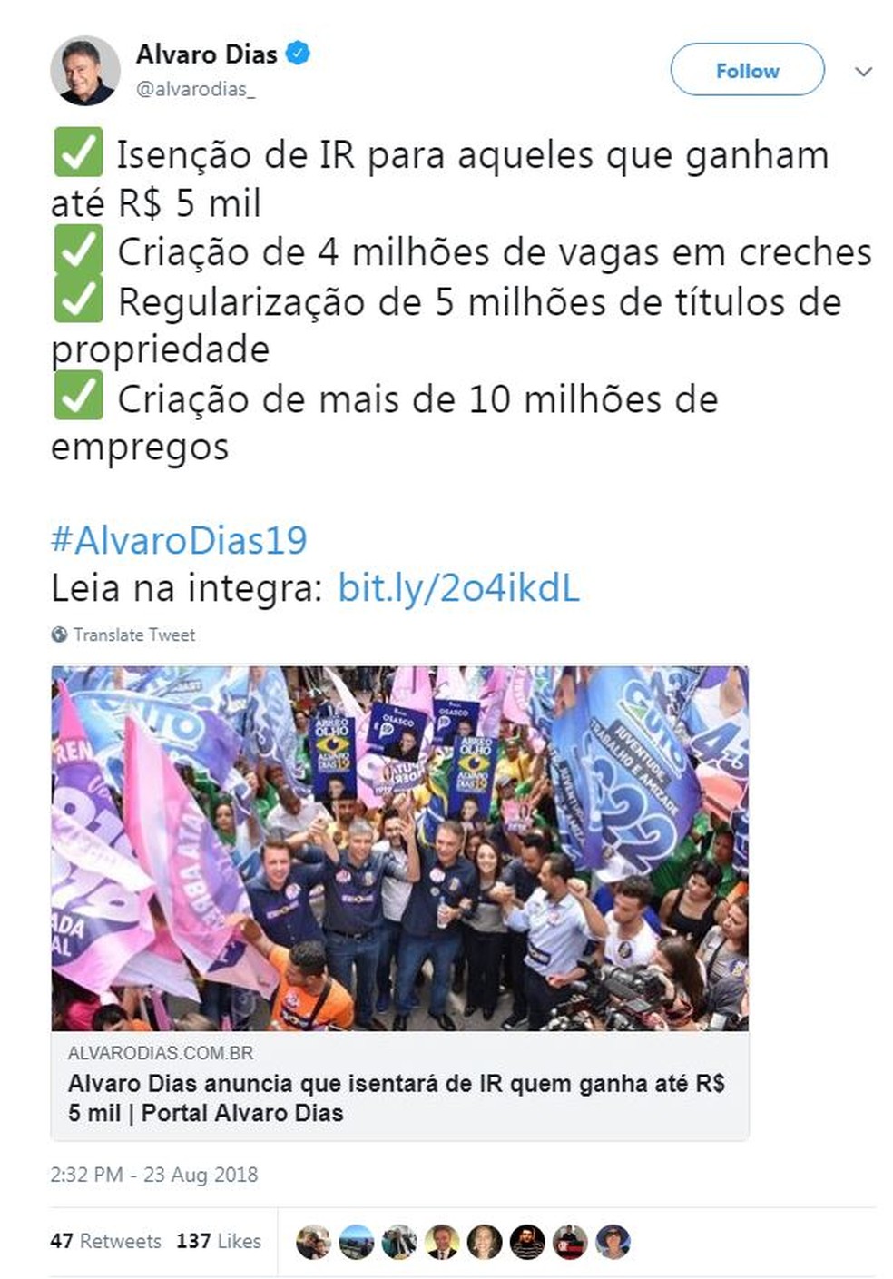 Alvaro Dias anuncia propostas pelas redes sociais (Foto: Reprodução/Twitter)