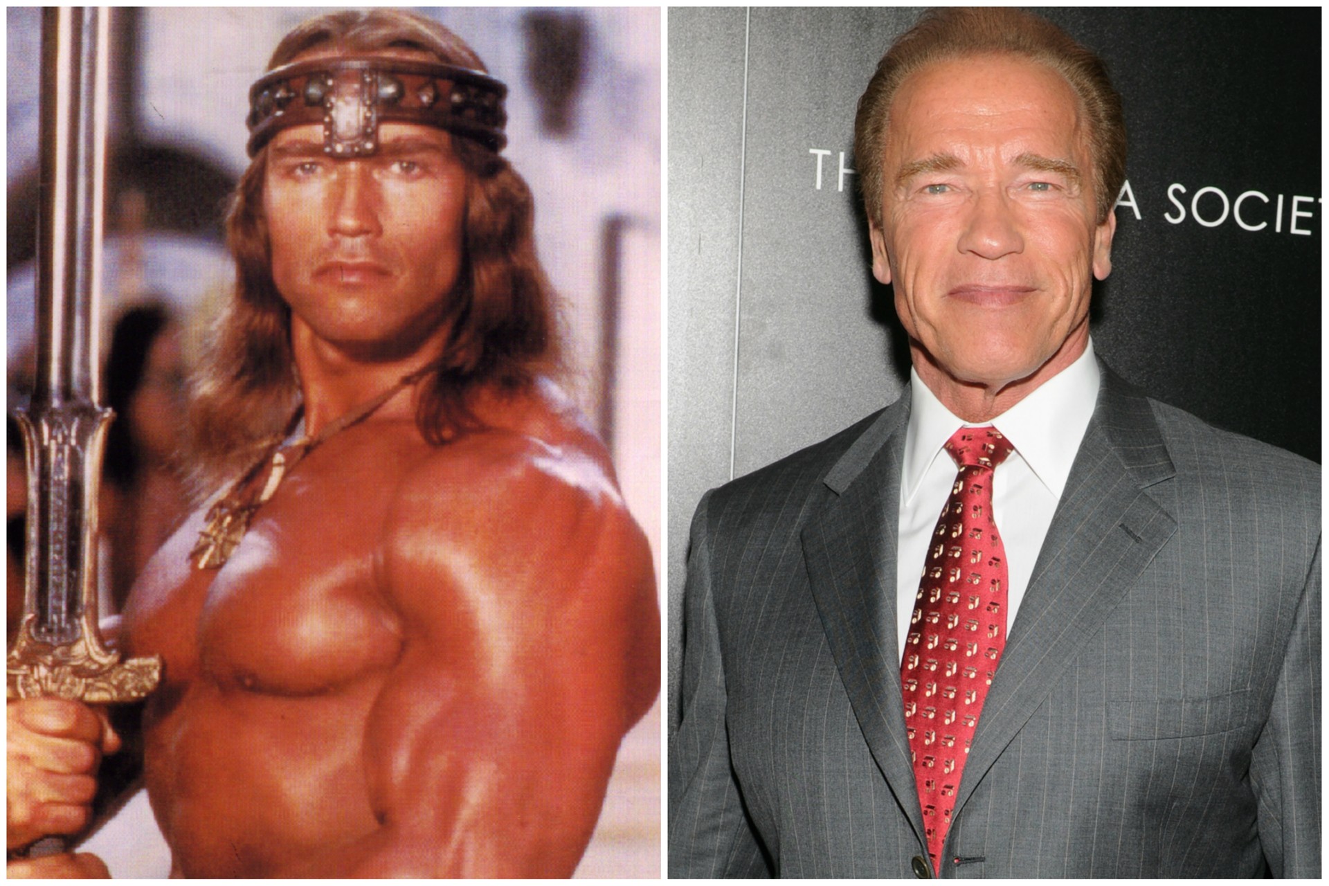Arnold Schwarzenegger em 'Conan, o Bárbaro' (1982), quando tinha 34 anos (à esq.) e hoje, com  (Foto: Divulgação e Getty Images)