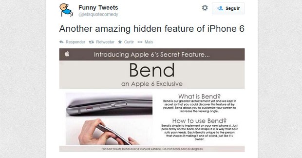 Conta do Twitter que faz piadas brinca, dizendo que o fato de o iPhone 6 ser 'dobrável' é uma função secreta do aparelho e que é uma exclusividade da Apple (Foto: Reprodução/Twitter/Funny Tweets)