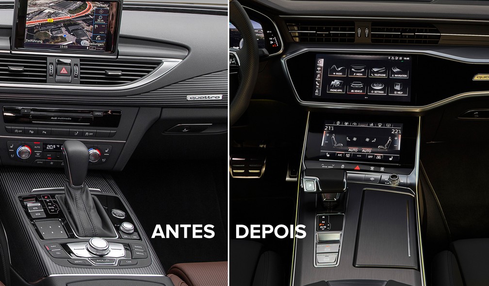 Interior do Audi A7 da geração anterior e do novo modelo (Foto: Divulgação)