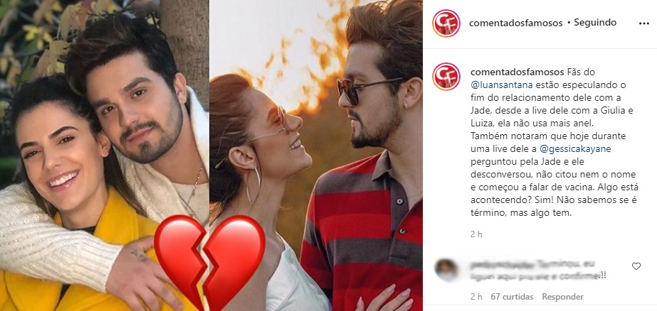 Fãs especulam sobre suposto término de Luan Santana e Jade Magalhães (Foto: Reprodução / Instagram)