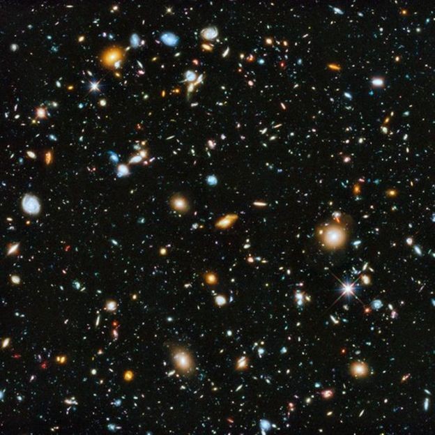 Esta imagem impactante, conhecida como Campo Ultra Profundo do Hubble, é uma montagem de fotos tiradas ao longo de mais de um ano. O que estamos vendo é o Universo quando a luz partiu até alcançar o Hubble, há 13 milhões de anos (Foto: NASA, ESA, H. TEPLITZ, M. RAFELSKI IPAC/CALTECH via BBC News Brasil)