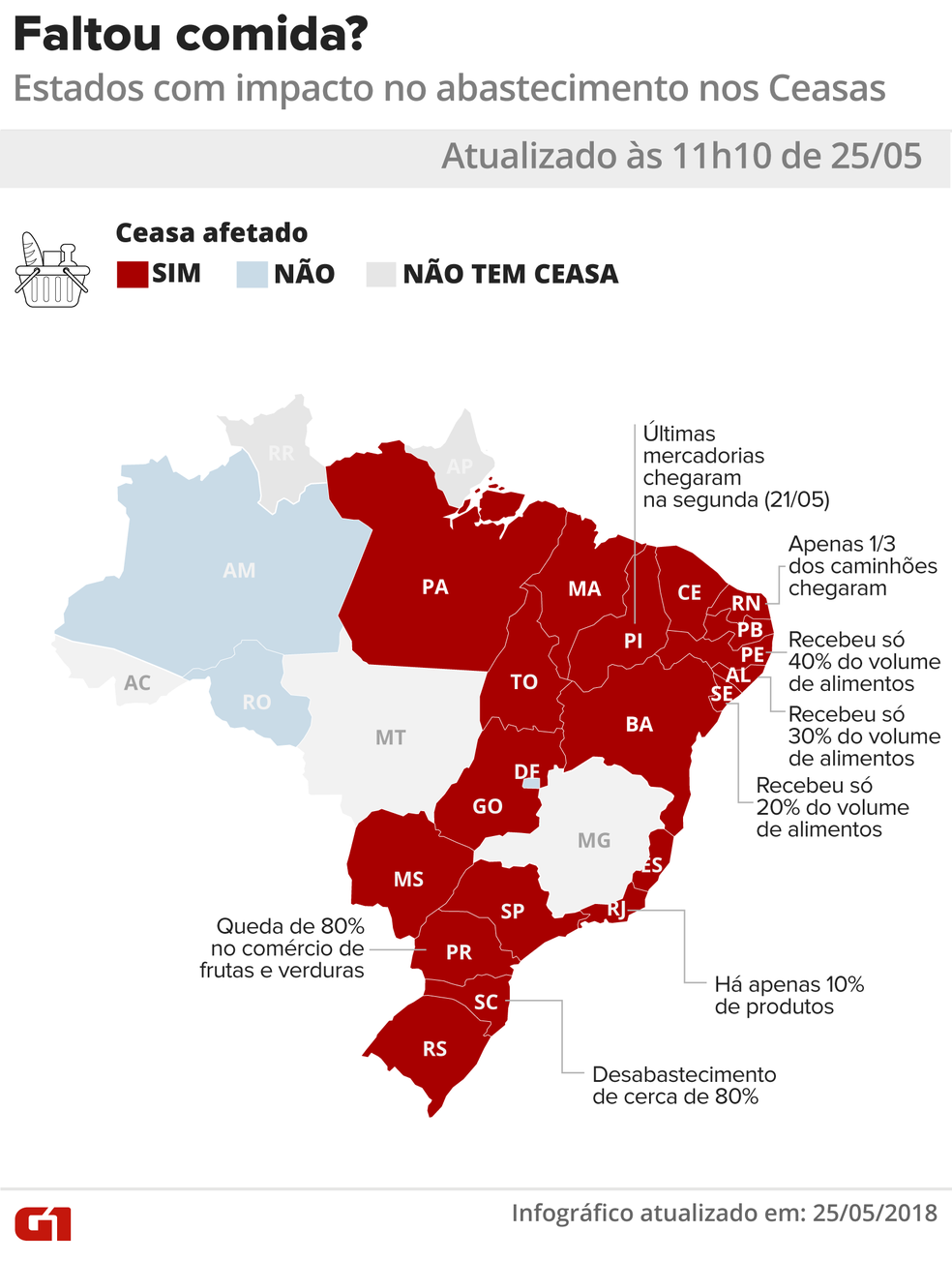 11h10 - Mapa dos estados onde houve impacto no abastecimentos dos Ceasa (Foto: Karina Almeida e Juliane Souza/G1)