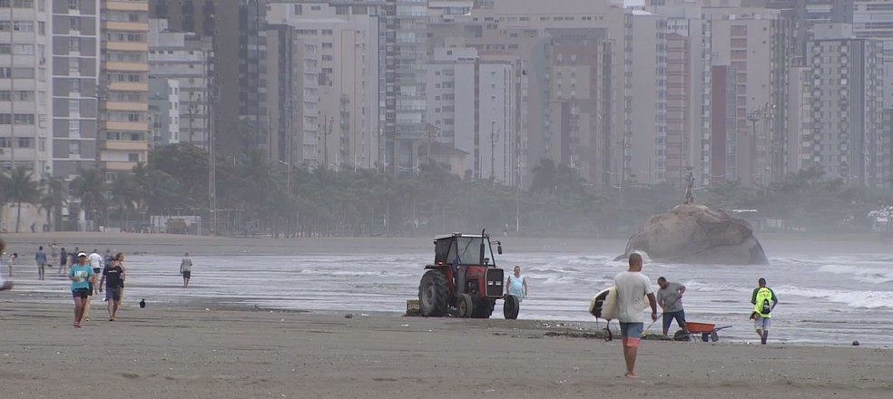 Ajudante sem habilitação operava trator quando atropelou banhista em praia de São Vicente — Foto: Reprodução/TV Tribuna
