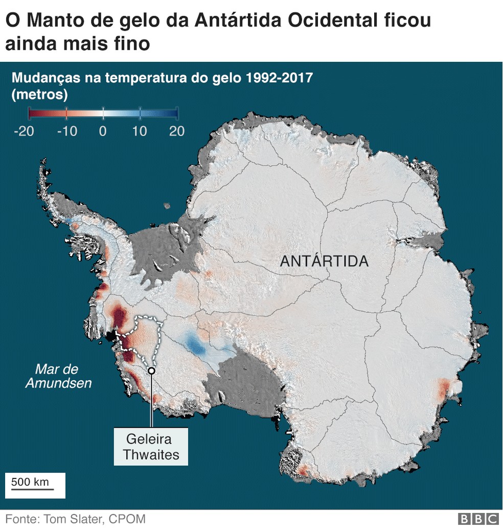 Mapa localiza a geleira Thwaites e a mudança nas temperaturas — Foto: BBC