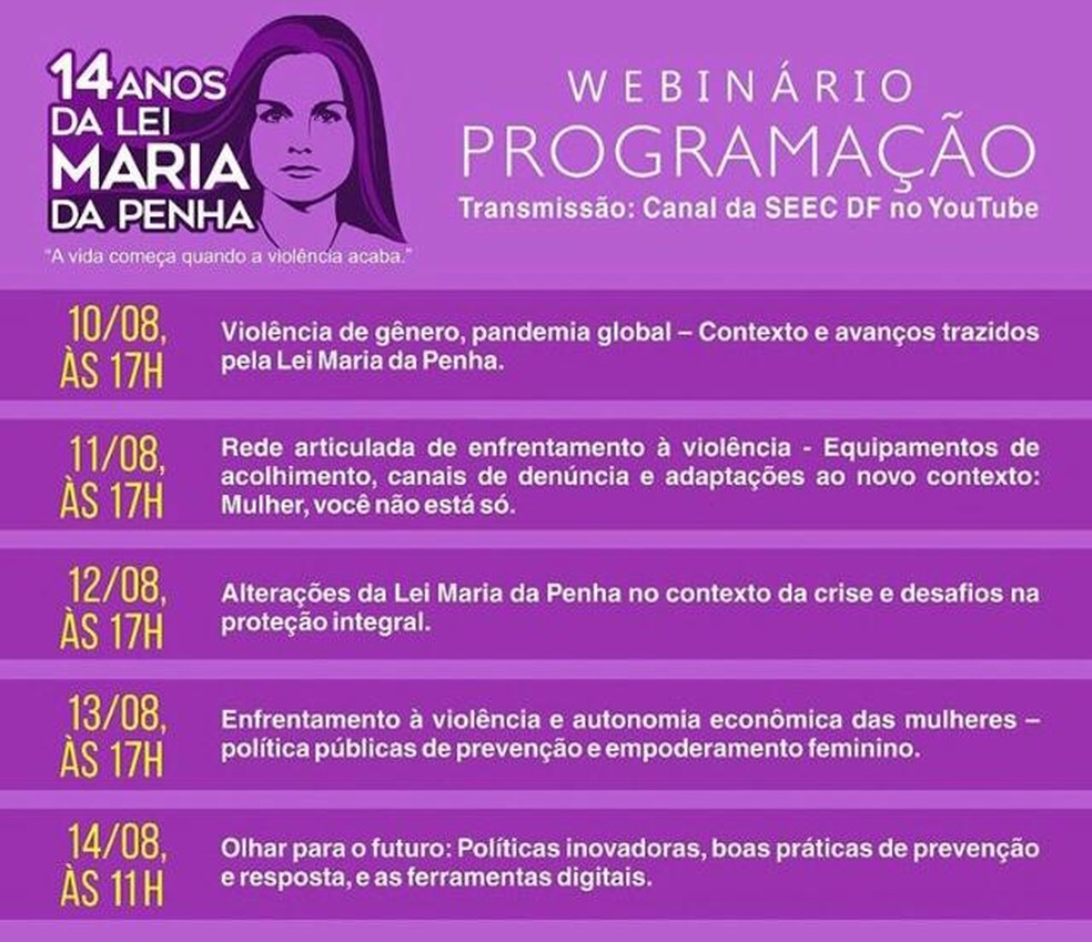 Programação do webinário da Secretaria de Estado da Mulher para o aniversário da Lei Maria da Penha  — Foto: Secretaria da Mulher/Divulgação
