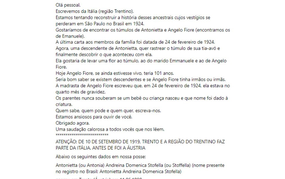 Postagem da família italiana em busca de seus ancestrais que vieram à Botucatu  — Foto: Facebook /Reprodução