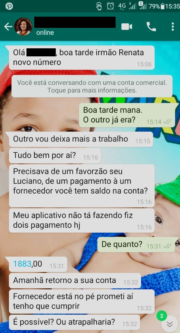Diálogo entre o conta falsa (fundo branco) e o irmão de Renata Souza (fundo verde)