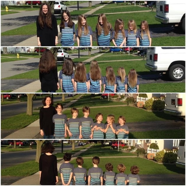 Phoebe e os seis filhos antes e depois do corte de cabelo (Foto: Reprodução Facebook)