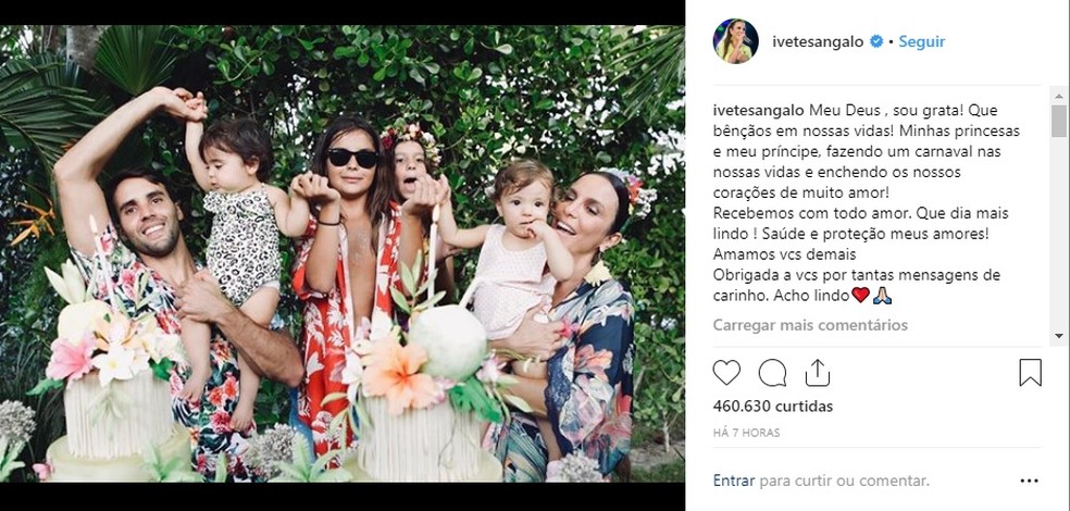 Ivete fez post com a família no dia do primeiro aniversário das gêmeas Marina e Helena — Foto: Reprodução/Instagram