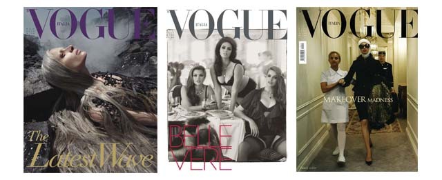 Três capas que marcaram a história da Vogue Itália: a polêmica Water & Oil, de 2010; a celebração à beleza de modelos curvilíneas, de 2011; e a  obsessão por plásticas, que virou assunto em 2005 (Foto: Divulgação)
