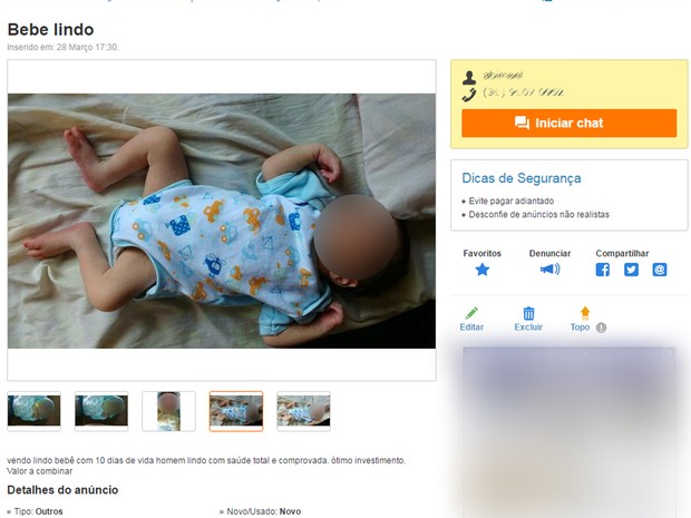 Site de classificados tinha anúncio de venda de bebê, em Contagem, Região Metropolitana de Belo Horizonte (Foto: Reprodução/OLX)