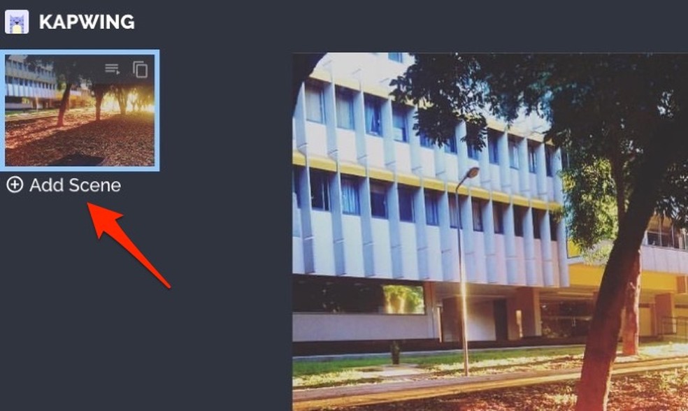 Ação para adicionar uma nova cena na tela de edição do serviço online Kapwing — Foto: Reprodução/Marvin Costa