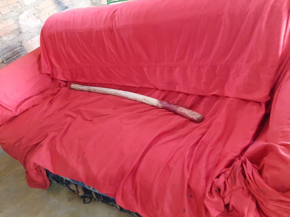 Pedaço de madeira usado no crime foi achado em cima do sofá — Foto: Polícia Civil/Divulgação
