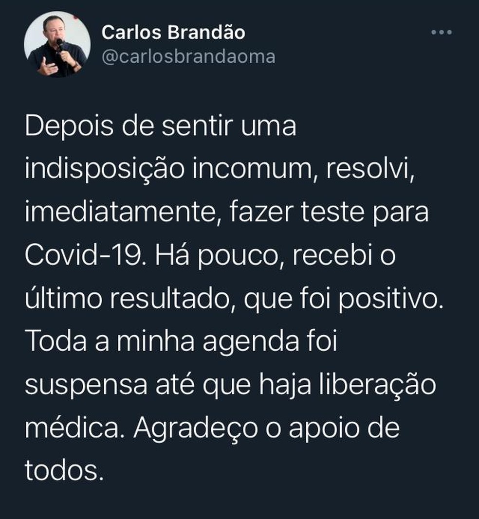 Carlos Brandão confirmou a informação nessa quarta-feira (11) por meio de uma rede social — Foto: Divulgação/Redes sociais