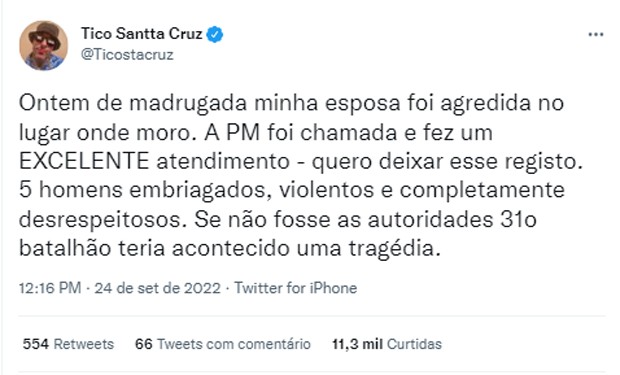 Tico Santta Cruz diz que a mulher, Luciana Rocha Fontenelle, foi agredida (Foto: Reprodução/Twitter)