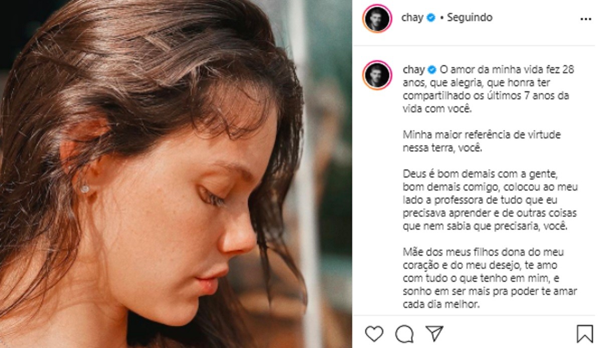 Chay Suede se declara a Laura Neiva em post romântico (Foto: Reprodução/Instagram)