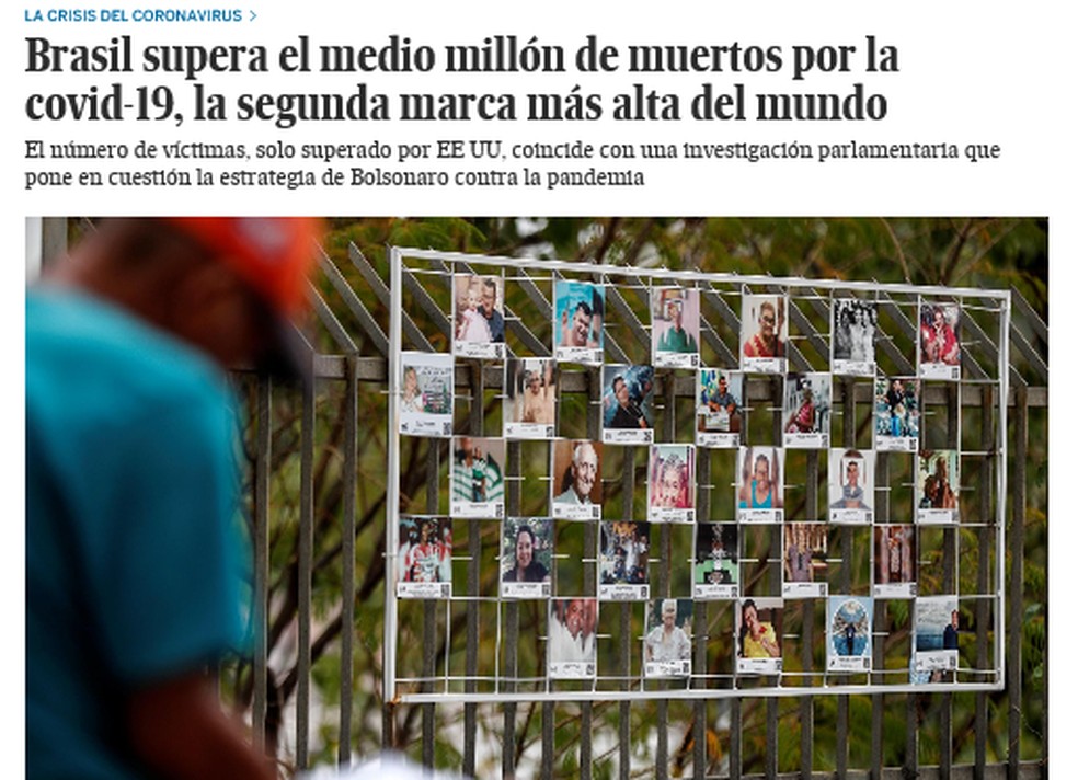 O espanhol El País destacou como os "meio milhão de mortos" por covid-19 compõem o segundo maior número do mundo. — Foto: Reprodução