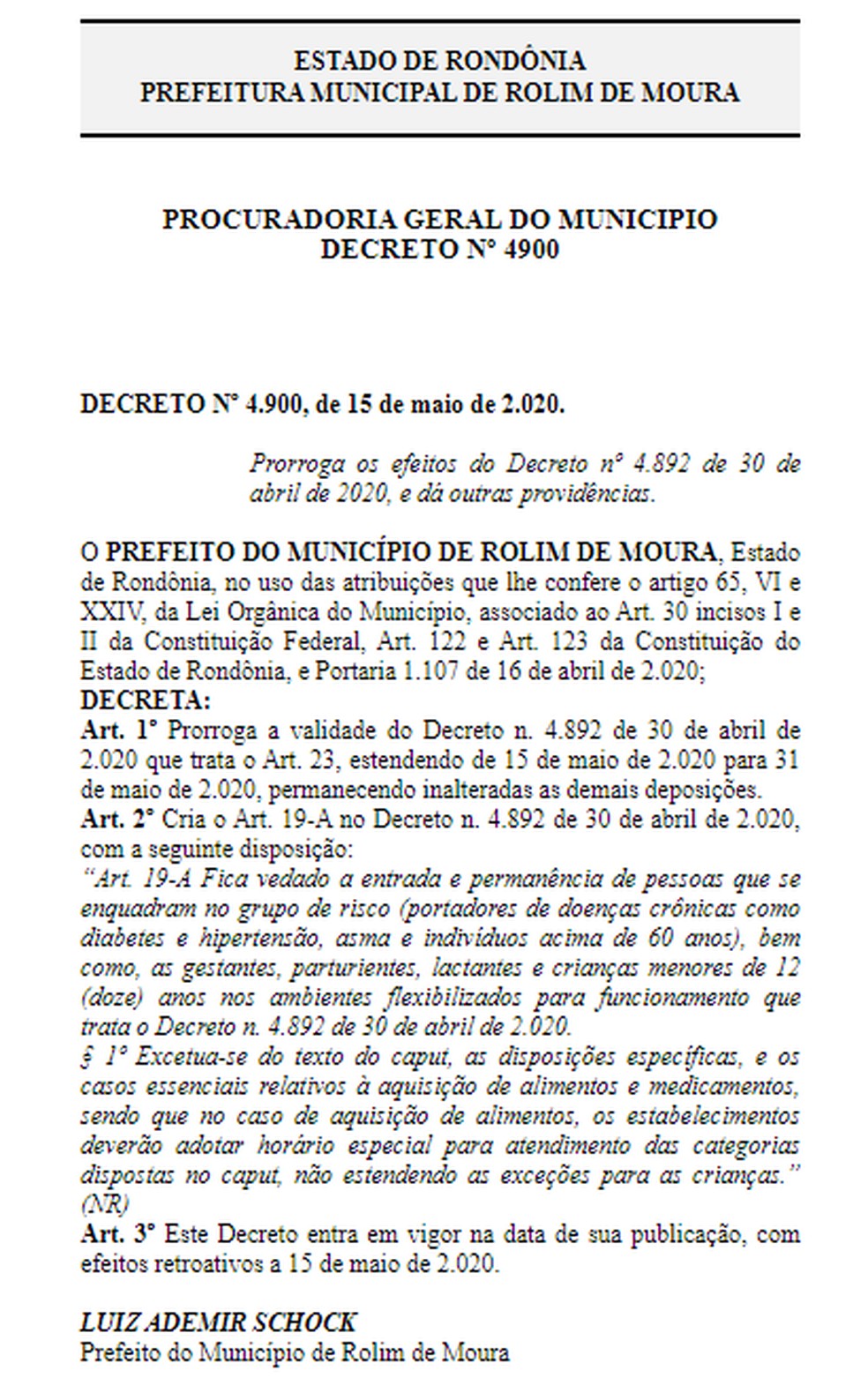 Decreto nº 4.900 de Rolim de Moura — Foto: Reprodução