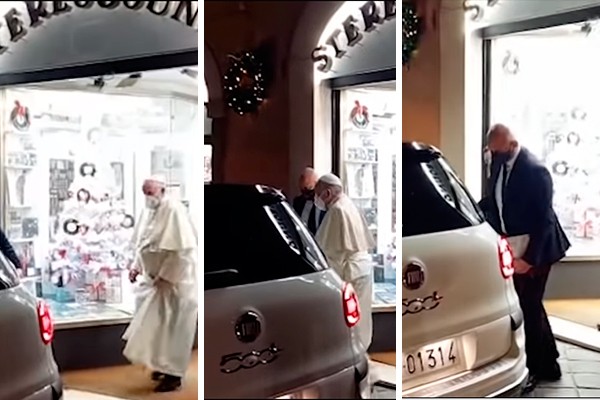 Papa Francisco no momento em que deixa loja de discos em Roma. Segurança carrega vinil para dentro do carro (Foto: reprodução YouTube)