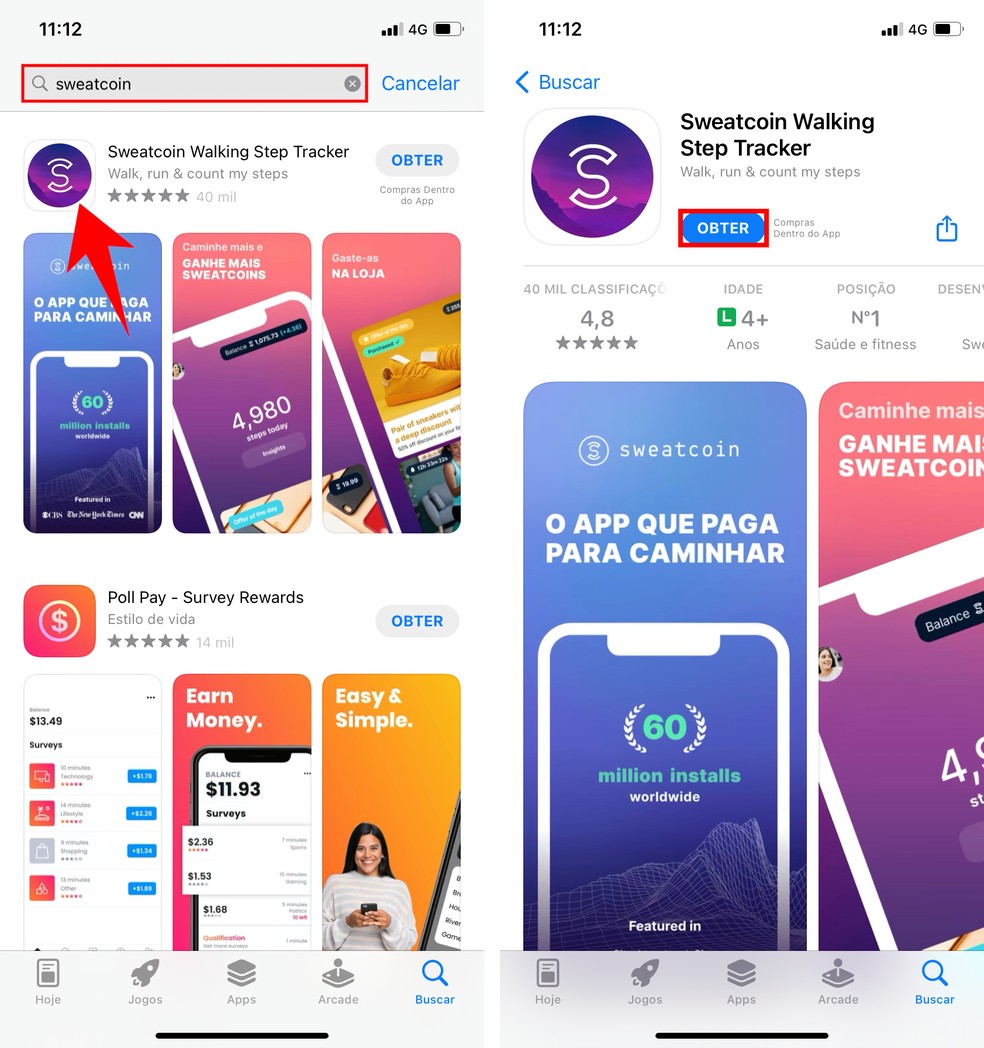 Sweatcoin pode ser baixado no iPhone pela App Store — Foto: Reprodução/Rodrigo Fernandes