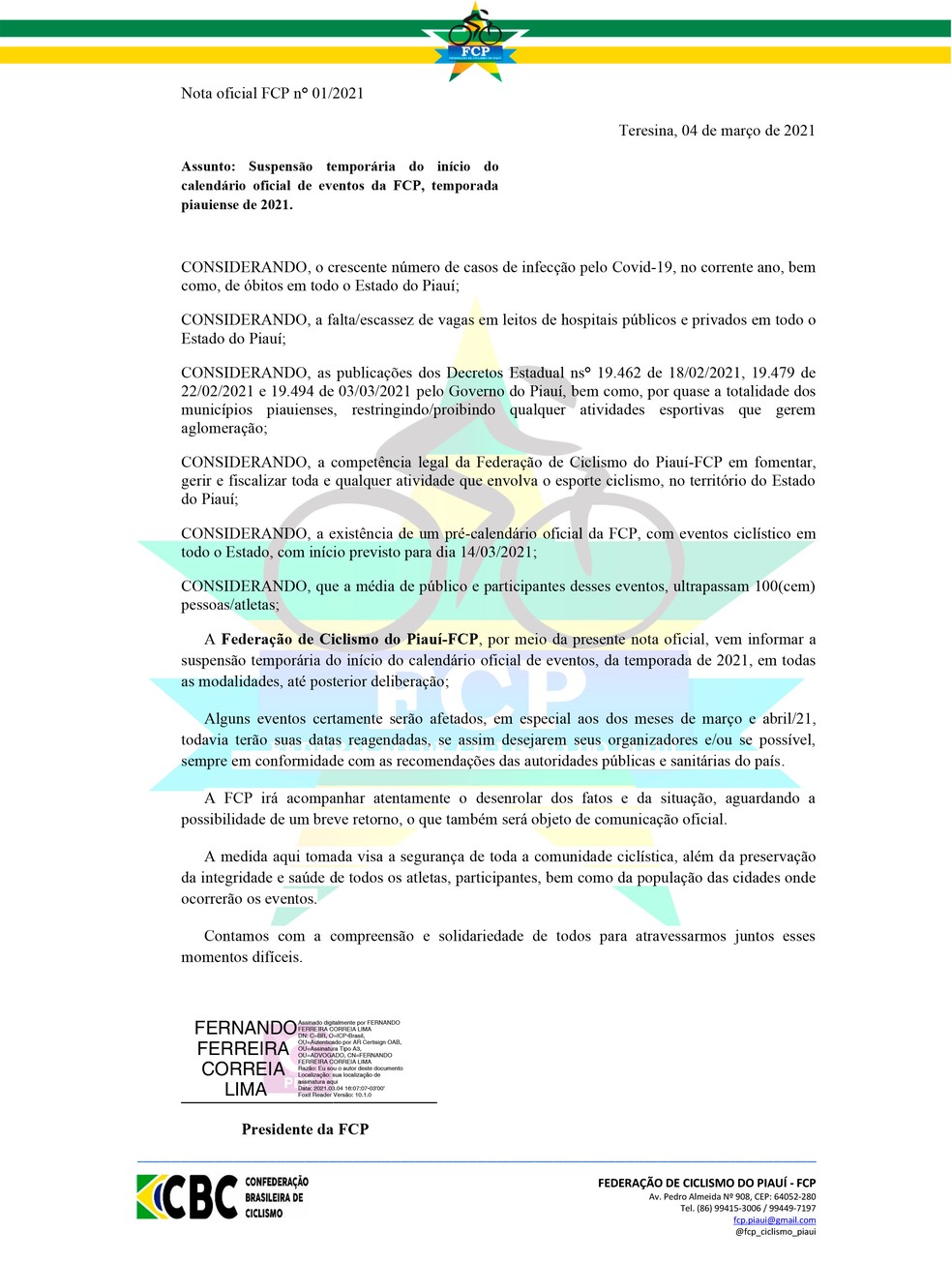 Nota da Federação de Ciclismo do Piauí suspendendo o início do calendário 2021 — Foto: Reprodução/FCP