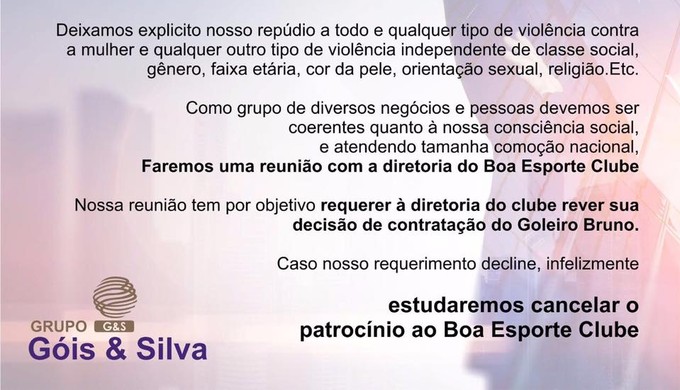 Grupo Góis & Silva pode romper com Boa Esporte após contratação do goleiro Bruno (Foto: Divulgação Grupo Góis & Silva)