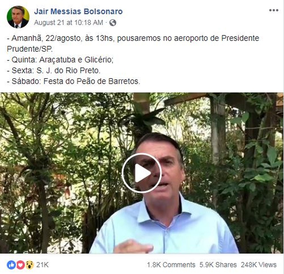 Jair Bolsonaro divulga agenda de campanha nas redes sociais (Foto: Reprodução/Facebook)