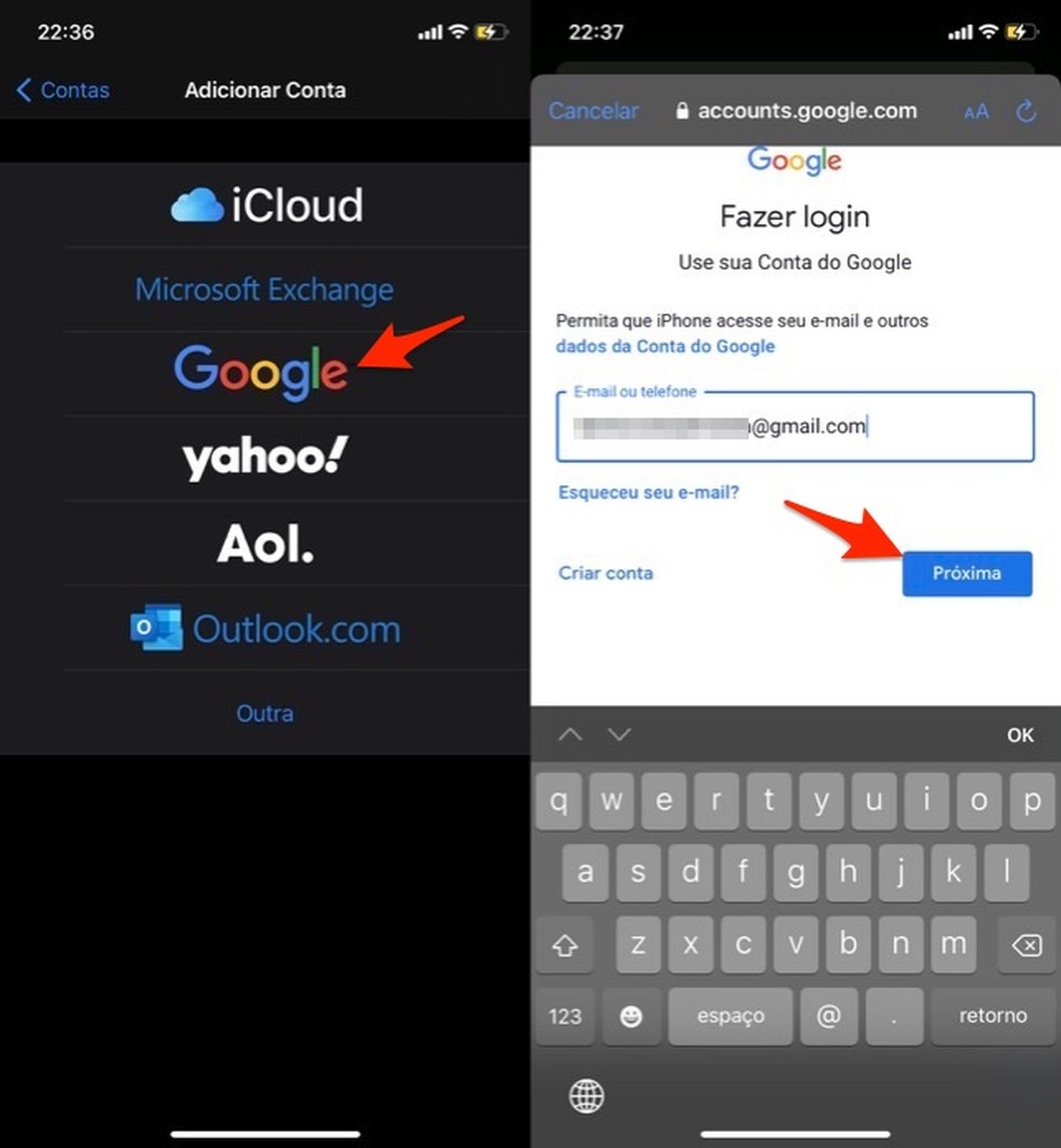 Ação para iniciar a integração de uma conta do Gmail no iPhone — Foto: Reprodução/Marvin Costa
