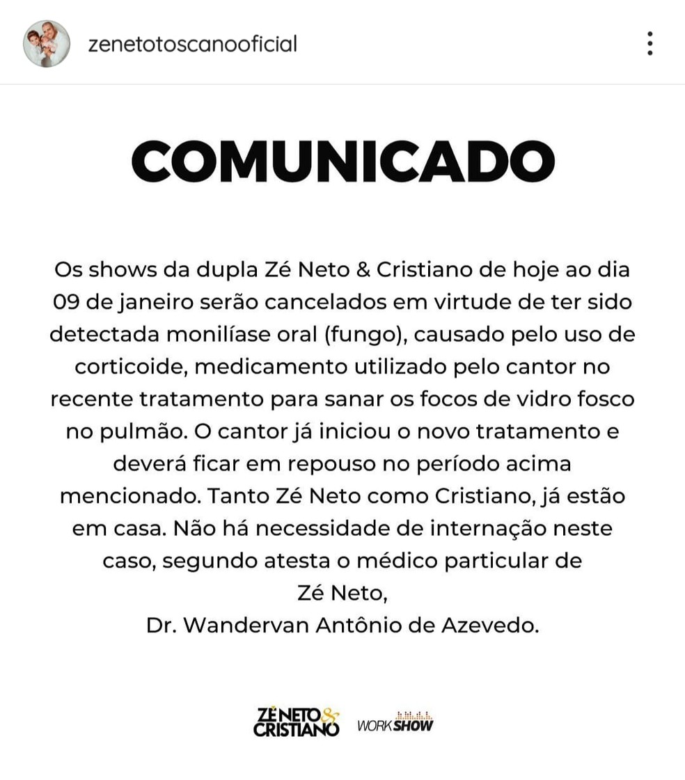 Dupla Zé Neto e Cristiano cancela shows por causa de remédio para tratar doença no pulmão — Foto: Instagram/Reprodução