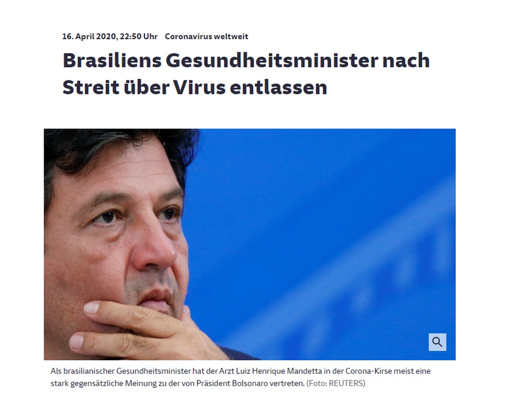 Süddeutsche Zeitung (Alemanha): Ministro da Saúde do Brasil é demitido após divergências sobre vírus — Foto: Reprodução/Süddeutsche Zeitung