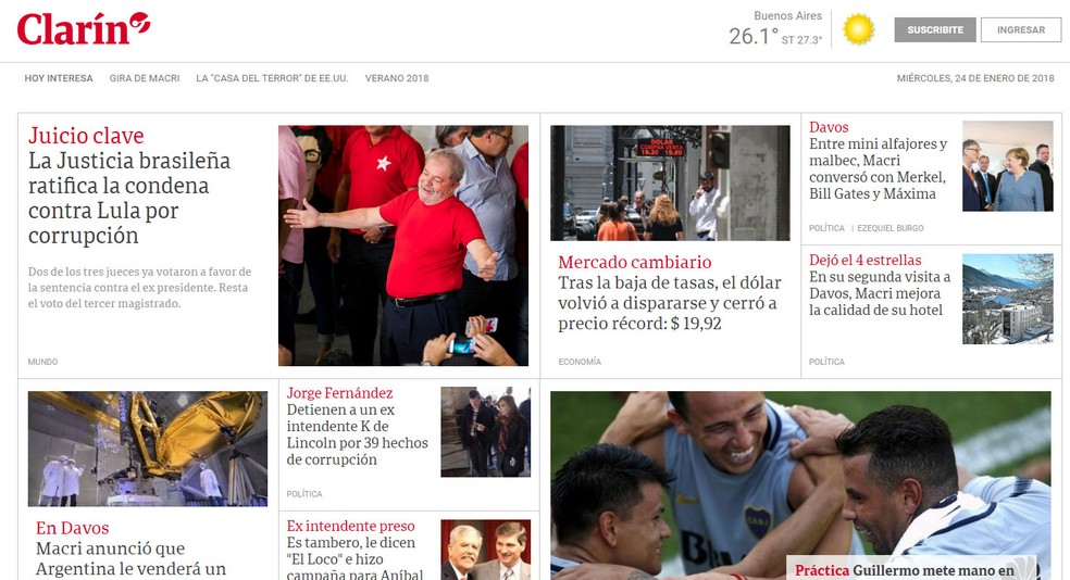 Decisão sobre condenação de Lula é manchete no site do jornal argentino 'El Clarín' na tarde desta quarta-feira (24) (Foto: Reprodução/ El Clarín)