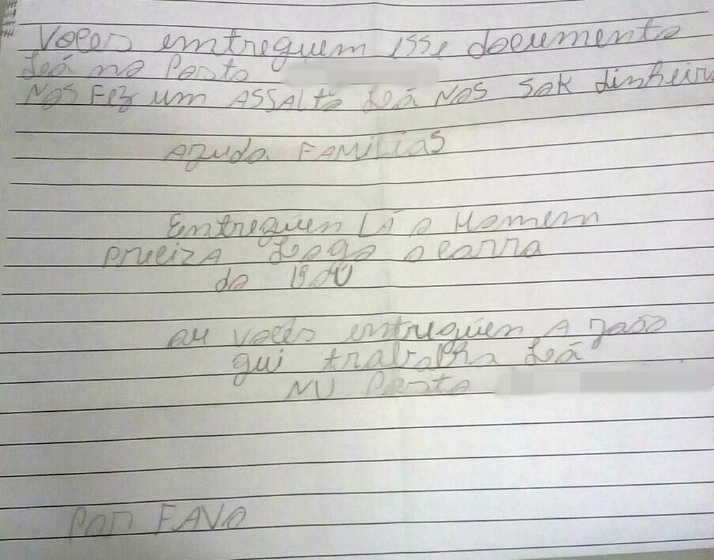 Bilhete pede devolução de documentos e chip de celular roubados de caminhoneiro em Desterro, no Sertão da Paraíba (Foto: Dário Cardoso/Divulgação)