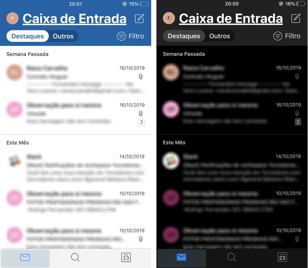Outlook para celular tem modo noturno que deixa e-mails com tonalidades escuras — Foto: Reprodução/Rodrigo Fernandes