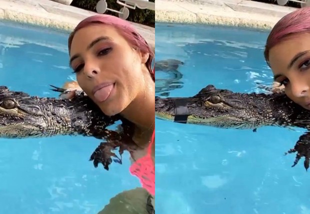 Lele Pons nadando com jacaré amordaçado na piscina (Foto: Reprodução/Instagram)