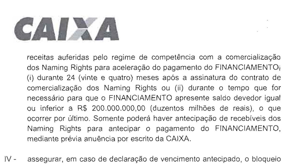 Trecho de contrato de financiamento da Arena Corinthians com a Caixa — Foto: Reprodução