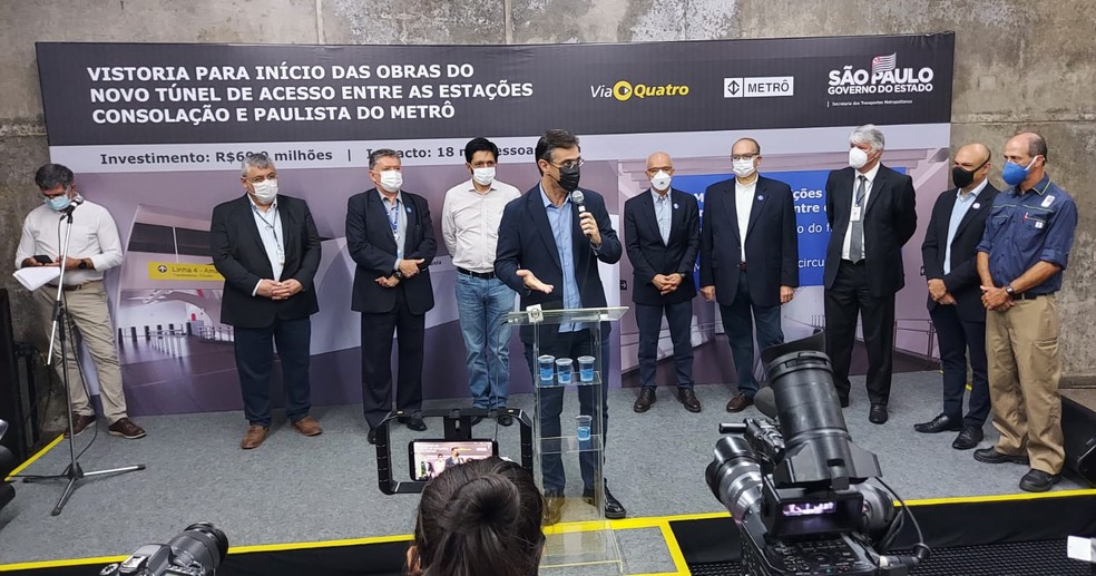 O prefeito de São Paulo, Ricardo Nunes (MDB), e o governador paulista Rodrigo Garcia (PSDB) em evento no Metrô de São Paulo nesta terça-feira (29). — Foto: Rodrigo Rodrigues/g1