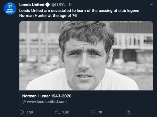 O tuíte do Leeds United lamentando a morte de Norman Hunter (Foto: Twitter)