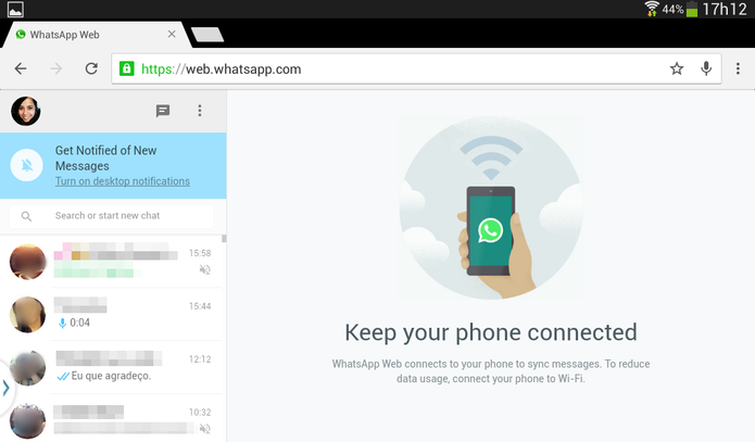 WhatsApp Web ativado no tablet (Foto: Reprodução/Lívia Dâmaso)