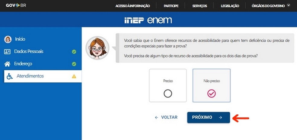 Tela para indicação sobre necessidade de atendimento especial para provas do Enem — Foto: Reprodução/Raquel Freire